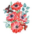 Butterfly and red flowers. Watercolor botanical illustrations. Anemone flower, eucalyptus leaves. Floral painting