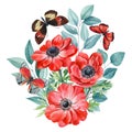 Butterfly and red flowers. Watercolor botanical illustrations. Anemone flower, eucalyptus leaves. Floral painting