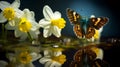 Butterfly Reflection On Green Daffodils: Dark Sky-blue And Dark Amber Royalty Free Stock Photo