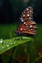 butterfly resting on a dew-covered blade of grass