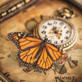 Butterfly Resting on Pocket Watch Close Up