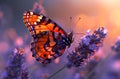 A butterfly resting on purple flowers with a close-up shot. A butterfly sits on a purple flower