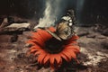 a butterfly resting on a surviving flower amidst ashes Royalty Free Stock Photo