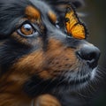 A butterfly rests on the snout of a watchful dog, their eyes reflecting an understanding beyond words. The contrast of