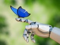 Butterfly on robot hand, technology and nature 3d rendering Royalty Free Stock Photo