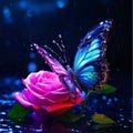 butterfly and rose with drops of water on a dark background