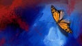 Butterfly on sacrificial blood splatter and blue brushstrokes graphic background Royalty Free Stock Photo