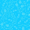 Butterfly seamless outline vector in line art style on blue background. Line art butterfly. Cartoon animals, flowers and dots.