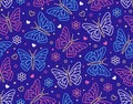 Butterfly seamless pattern. Flying insects with flowers, hearts background, cute butterflies flat line icons for kids Royalty Free Stock Photo