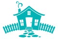 Cute tiny house with picket fence, stepping stones and a smoking chimney Royalty Free Stock Photo