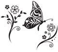 Butterfly silhouette and flower branch