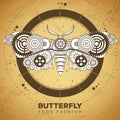 Butterfly silhouette with gears on old paper texture background. Punk style. Royalty Free Stock Photo