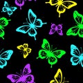 Butterfly silhouette seamless pattern magic black background design template. Colorful neon butterfly. Vector Royalty Free Stock Photo