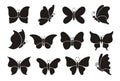 Butterfly silhouettes. Black winged insects. Different simple wavy monochrome shapes. Decorative natural creatures