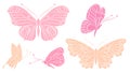 Butterfly silhouettes. Pink peach color butterflies. Isolated flying insects. Decorative print wild characters. Spring