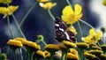 Butterfly sitting on a yellow flower coltsfoot, spring Royalty Free Stock Photo