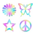 Butterfly, star, flower, pease sign with holographic effect.