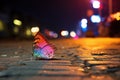 Butterfly on the street in the evening. Blurred background, colourful butterfly on the side walk of a busy street, lots of people