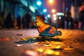 Butterfly on the street at night in Bangkok, Thailand, colourful butterfly on the side walk of a busy street, lots of people,