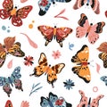 Butterfly, summer leaf and flowers seamless pattern, hand drawn colorful butterfly flying Royalty Free Stock Photo