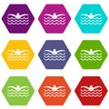 Butterfly swimmer icon set color hexahedron