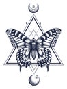 Butterfly tattoo and t-shirt design. Butterfly in triangle, at top is half moon with star, at bottom is full moon.