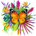 Butterfly, tropical leaves and exotic flower