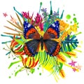 Butterfly, tropical leaves and exotic flower