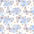 Butterfly Vector Pattern. Watercolor seamless Blue and gold background. Hand drawn on isolated background. Drawing of Royalty Free Stock Photo