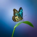 A butterfly with vibrant blue and brown patterned wings perches on a green leaf, set Royalty Free Stock Photo