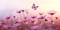 Butterfly on vibrant pink flowers in a soft serene light