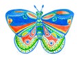 Butterfly on white background. Watercolor ornamental pattern. Hand made colorful art design as kid illustration for