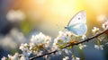 Butterfly on white spring flower in sunlight, soft focus macro background of easter spring nature Royalty Free Stock Photo