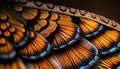 Butterfly Wing. Closeup butterfly wing orange, black, and gold. Iridescent, background wallpaper texture.