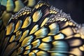 Butterfly Wing - closeup butterfly wing yellow black green. iridescent, background wallpaper texture Royalty Free Stock Photo