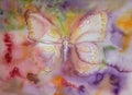 Butterfly with yellow dotted wings flying over a multicolored landscape.