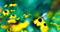 Butterfly and yellow small flowers against a beautiful aquamarine bokeh. Summer magic natural background. Wide format.