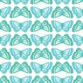 Butterly pattern design. Cute vector seamless repeat of blue and green butterflies. Nature insect background.