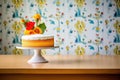 buttermilk cake on cake stand, kitchen backdrop