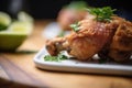 buttermilk fried chicken thigh close-up, crisp texture evident