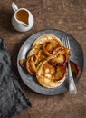 Buttermilk pancake with roasted honey cinnamon apples. Delicious Breakfast on a wooden table Royalty Free Stock Photo