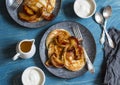 Buttermilk pancake with roasted honey cinnamon apples. Delicious Breakfast on a wooden table Royalty Free Stock Photo