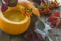Butternut squash soup in a pumpkin bowl