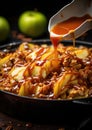 Butterscotch and Caramel Apple Slices: Slices of crisp apples drizzled with rich butterscotch and caramel sauce, adorned Royalty Free Stock Photo