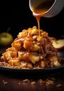 Butterscotch and Caramel Apple Slices: Slices of crisp apples drizzled with rich butterscotch and caramel sauce, adorned Royalty Free Stock Photo