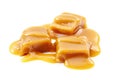 Butterscotch toffee candy, chewy and sticky confectionery treat and sweet caramel candies with close up on three pieces of Royalty Free Stock Photo