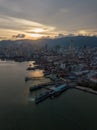 Aerial view ferry terminal during sunset hour at Penang island.