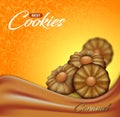 Buttery cookies with caramel on floral pattern backdrop. Label, packaging or advertising poster design. Bright orange and yellow