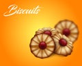 Buttery cookies with red jam on bright orange and yellow background