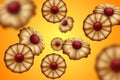 Buttery cookies with red jam orange and yellow background. Defocused cookies elements